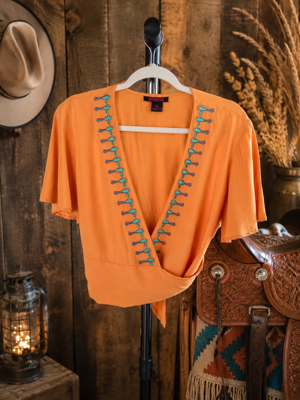 Rock & Roll Cowgirl, Wrap Top with Embroidered Squash Blossom Trim XL
